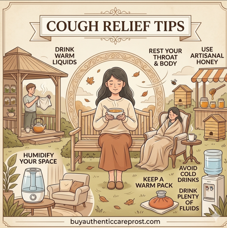 Cough relief tips including warm liquids, honey, throat rest and avoiding cold drinks