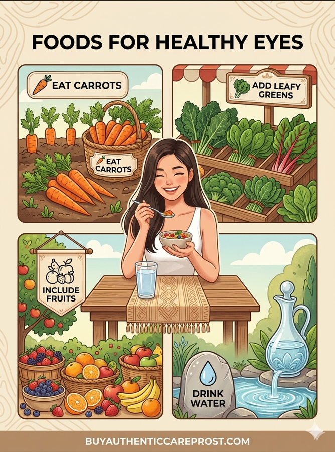 Foods for healthy eyes including leafy greens, carrots, citrus fruits and nuts