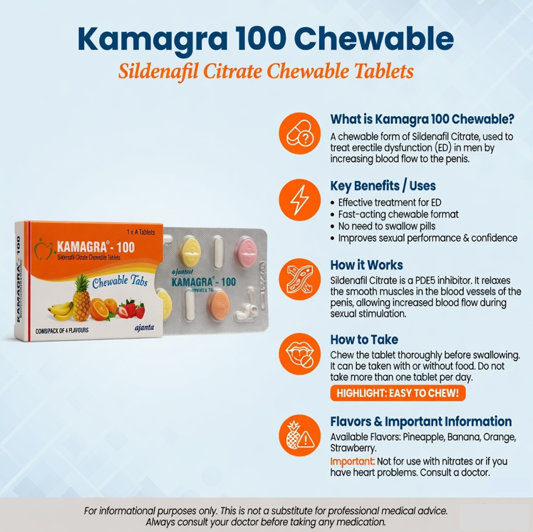Kamagra 100 chewable tablet used for erectile dysfunction treatment and sexual performance support